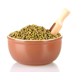Green mung beans  with scoop in bowl isolated on white