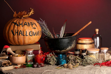 Scary halloween laboratory in red light