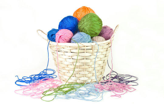 Balls of wool in a basket on a white background