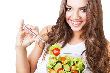 close-up portrait of funny happy smiling girl with salad