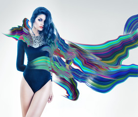 sensual woman with long blue hair