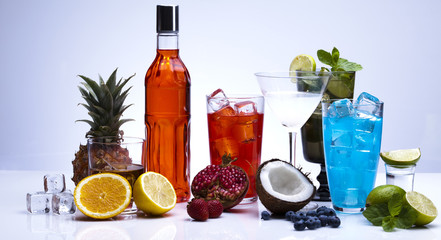 Cocktails, alcohol drinks with fruits