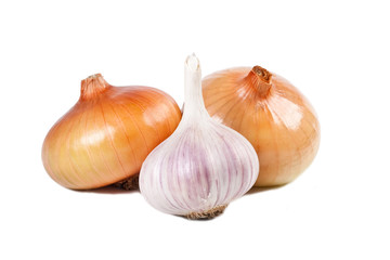 Two onions and garlic on a white background