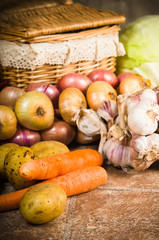 still life with vegetables and a basket