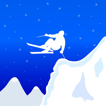 skiing white man in winter vector illustration