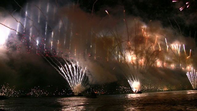 Fireworks exploading over the bridge