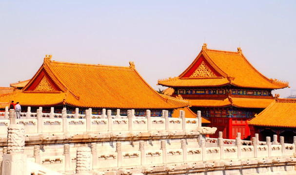 golden chinese tile roofs in Forbidden City (Beijing,China)