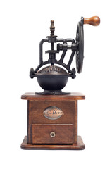 old manual coffee grinder, wood and metal, isolated on white