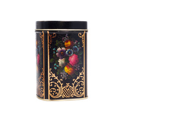 metal black box decorated with drawn colorful flowers, isolated