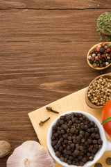 food ingredient and spices on wood