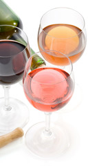 wine bottle and  wineglasses on white