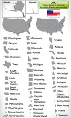 Übersichtskarte der USA mit Grenzen und Flagge