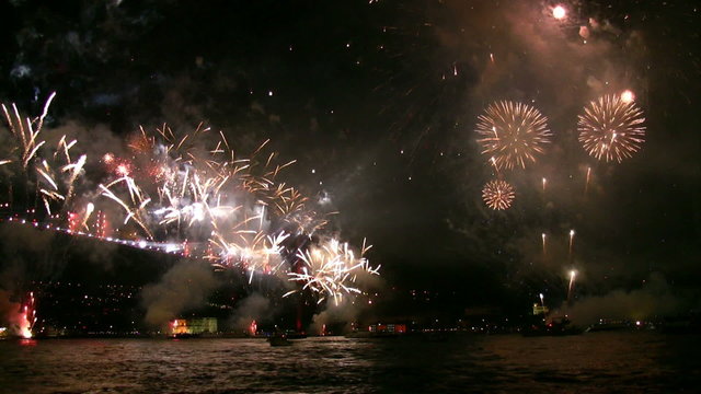 Fireworks exploading over the bridge