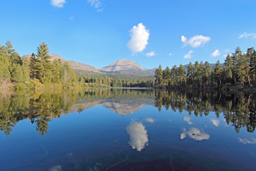 Mount Lassen and clouds reflected in Manzanita Lake