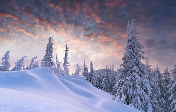 Beautiful winter sunset in the mountains