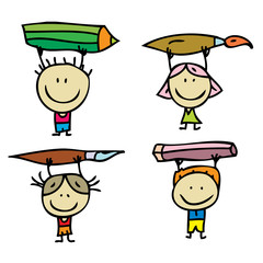 Happy doodle kids with pen, pencil and paintbrush