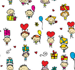 Happy doodle chidren with gifts seamless background