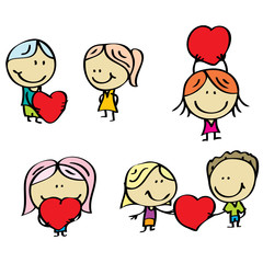 Happy doodle kids with valentine's hearts