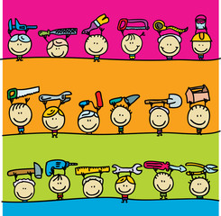 Set of doodle borders of happy kids with hardware tools