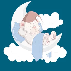 Photo sur Plexiglas Ours Ours en peluche dormant sur le vecteur de dessin animé de lune