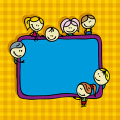 Happy doodle children around school blackboard