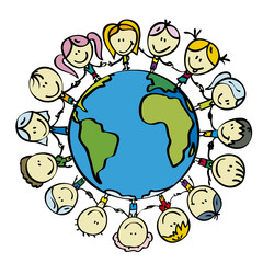 Kids around the world save the planet earth holding hands