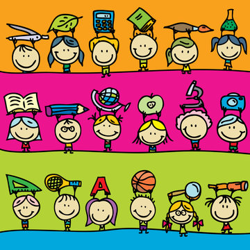 Set of doodle borders of happy kids go back to school