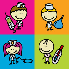 Set of doodle icons with children plays hospital