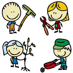 Set of doodle happy children with garden tools