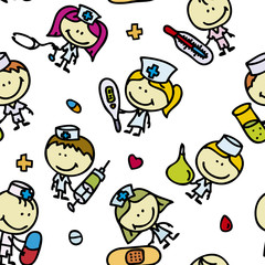 Seamless background of doodle happy children plays hospital