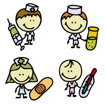 Set of doodle happy children plays hospital