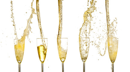 Collection of champagne wine glasses splashing out © Jag_cz