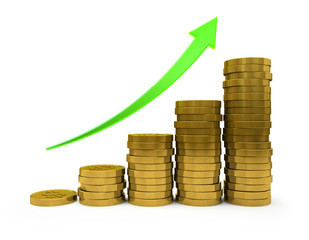 Business Graph with arrow and coins showing profits and gains
