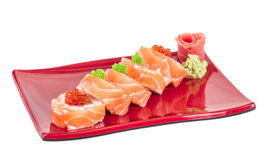 Japanese sushi traditional japanese food.Roll made of salmon, re