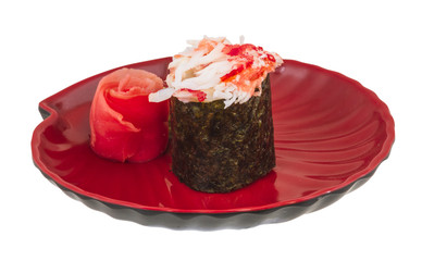 sushi kani with sauced slices of crab shrimp isolated on white b