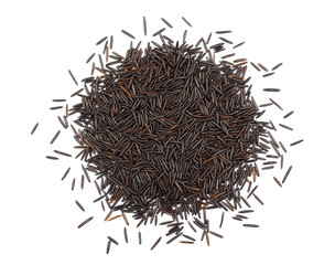 Black rice isolated on white background. Top view