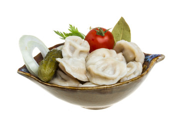 Bowl with traditional russian dish - pelmeni
