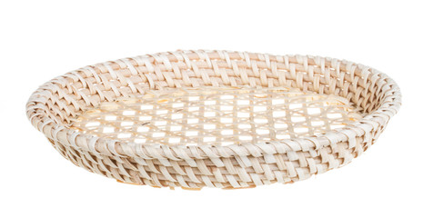 Wickerwork empty yellow breadbasket on white background