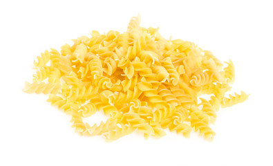 A portion of Rotini corkscrew pasta isolated on white.