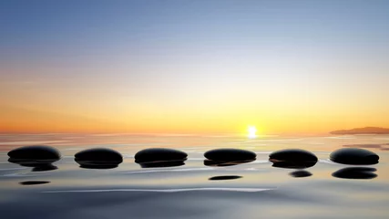 Crédence de cuisine en verre imprimé Mer / coucher de soleil Vue panoramique sur le lac avec des pierres Zen dans l& 39 eau