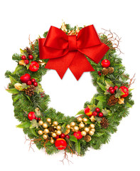 Fototapeta na wymiar christmas wreath with red ribbon and golden decoration