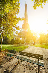 Wieża Eiffla w słońcu Paryż - obrazy, fototapety, plakaty