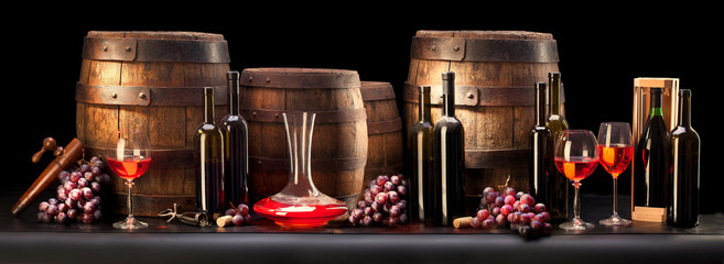 still life with red wine and old barrel - obrazy, fototapety, plakaty