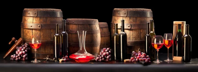 Rolgordijnen still life with red wine and old barrel © jirkab