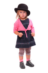 Funny picture of a little girl with bowler hat.