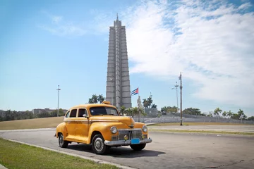 Printed roller blinds Cuban vintage cars Classic yellow DeSoto oldtimer car, Havana, Cuba