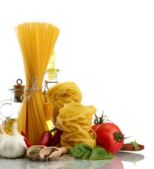 Pasta spaghetti, vegetables, spices and oil, isolated on white