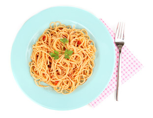 Italian spaghetti in plate isolated on white