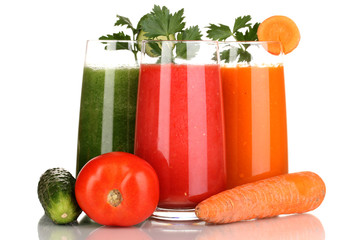 Fresh vegetable juices isolated on white