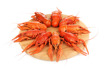 Tasty boiled crayfishes on chopping board isolated on white